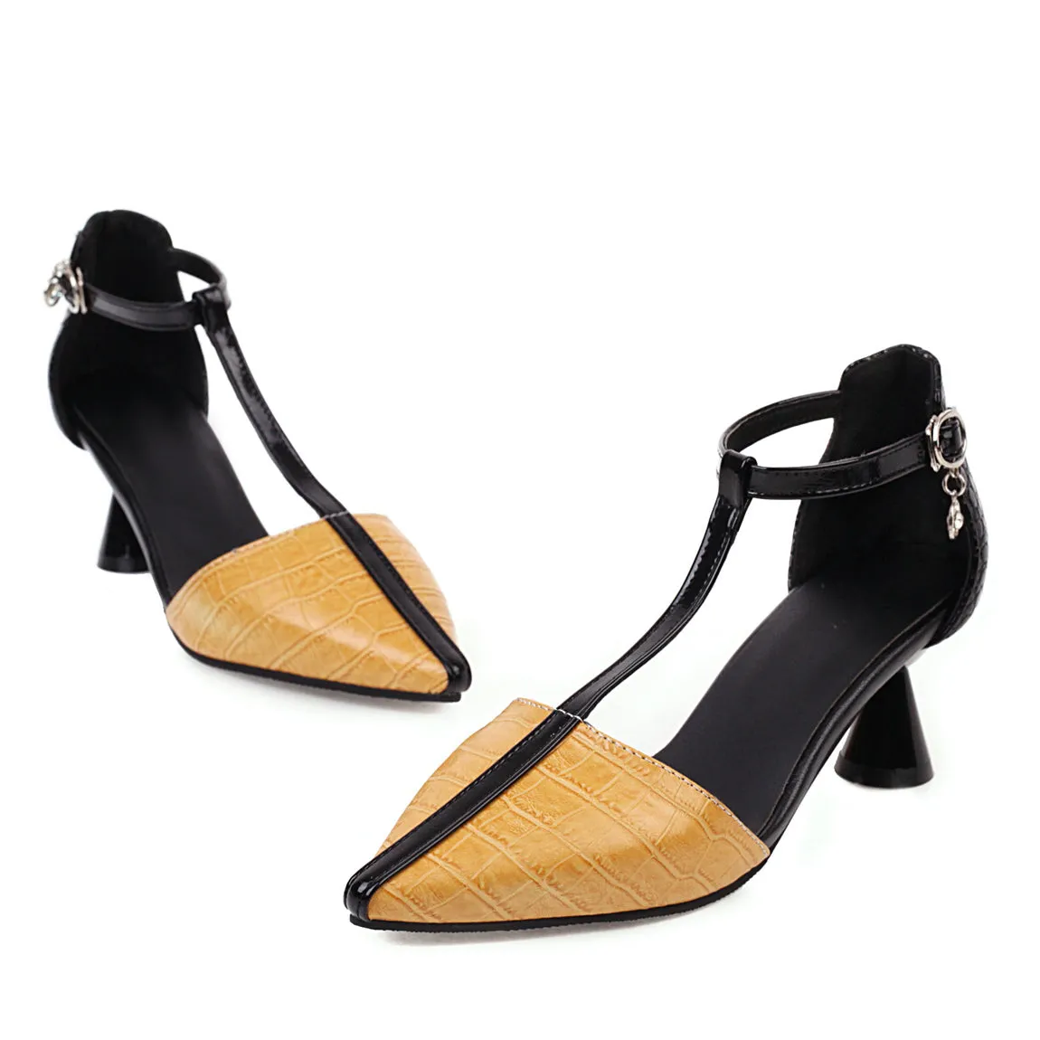 Bigsizeheels Trendy Chunky Heel Open Toe Line-Style Buckle Banquet Sandals - Yellow