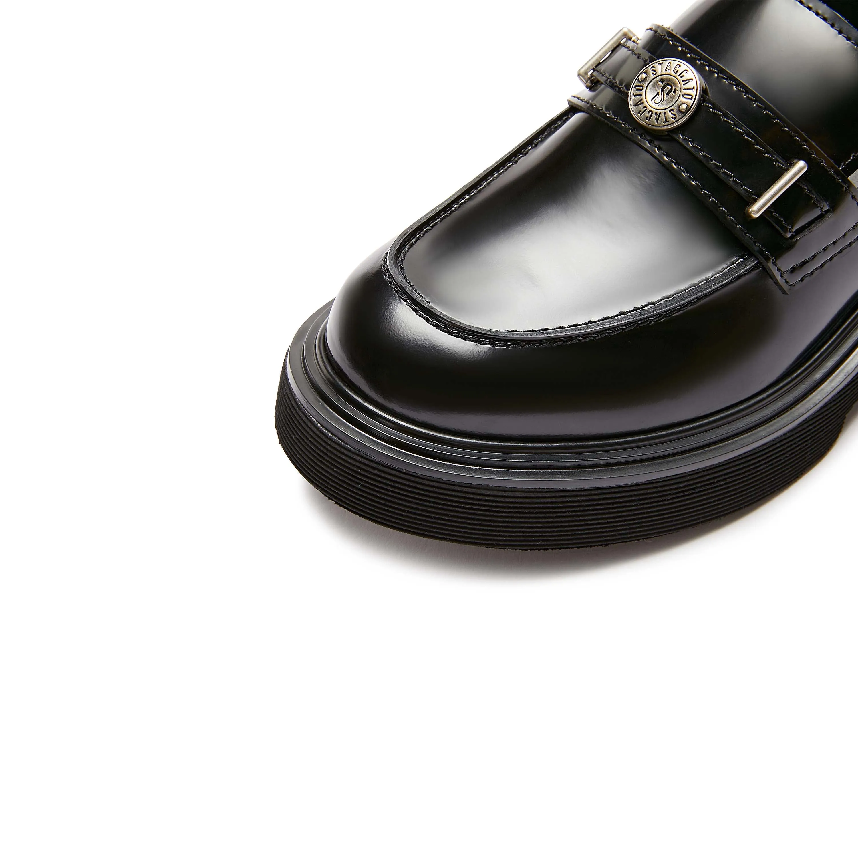 Black ST Buckle Leather Loafers