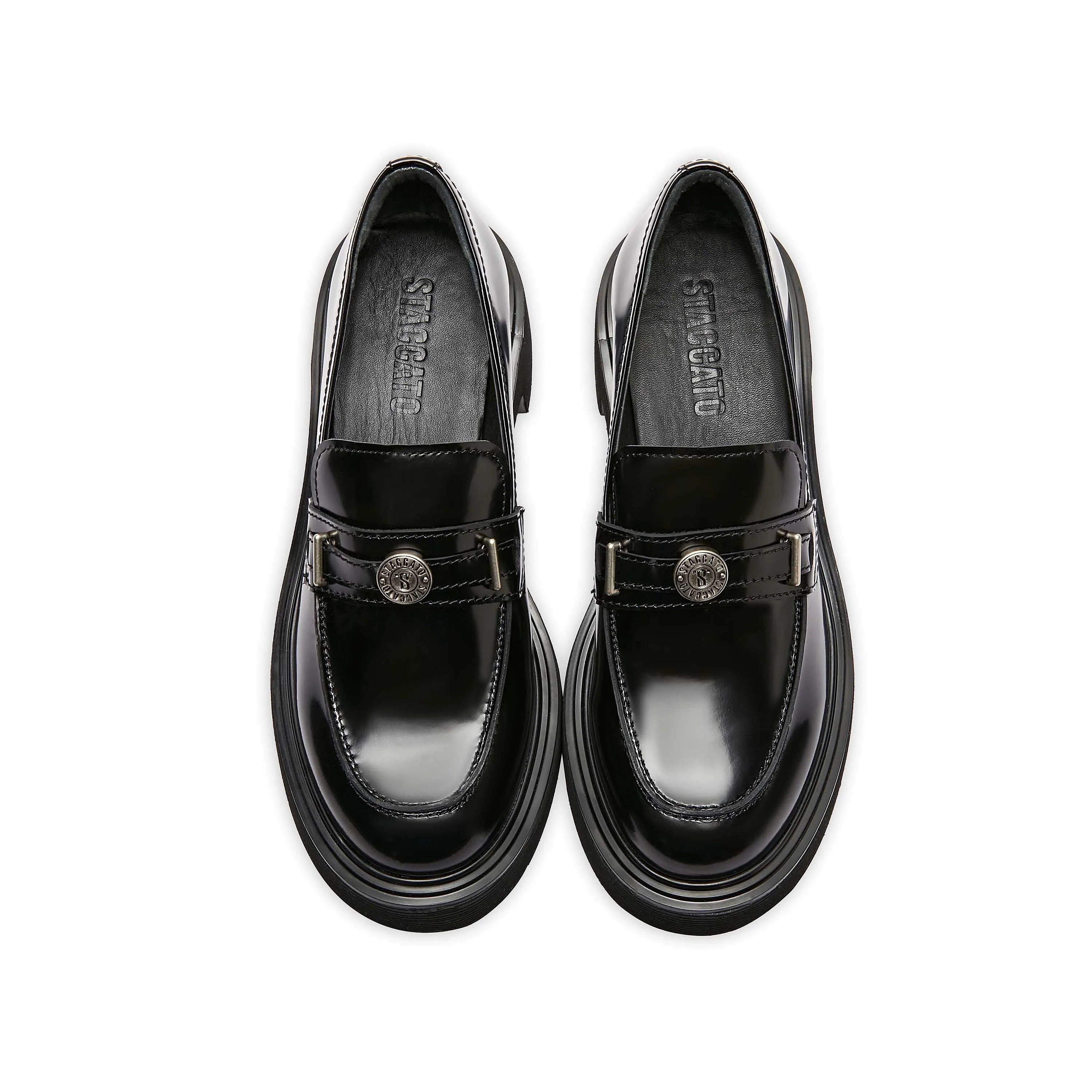 Black ST Buckle Leather Loafers