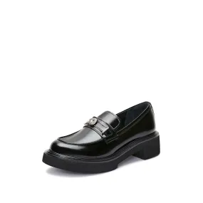 Black ST Buckle Leather Loafers