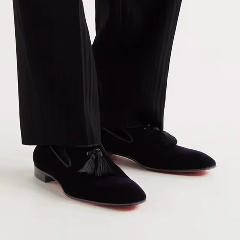 Blueberry Velvet Fringe Slip On Loafers