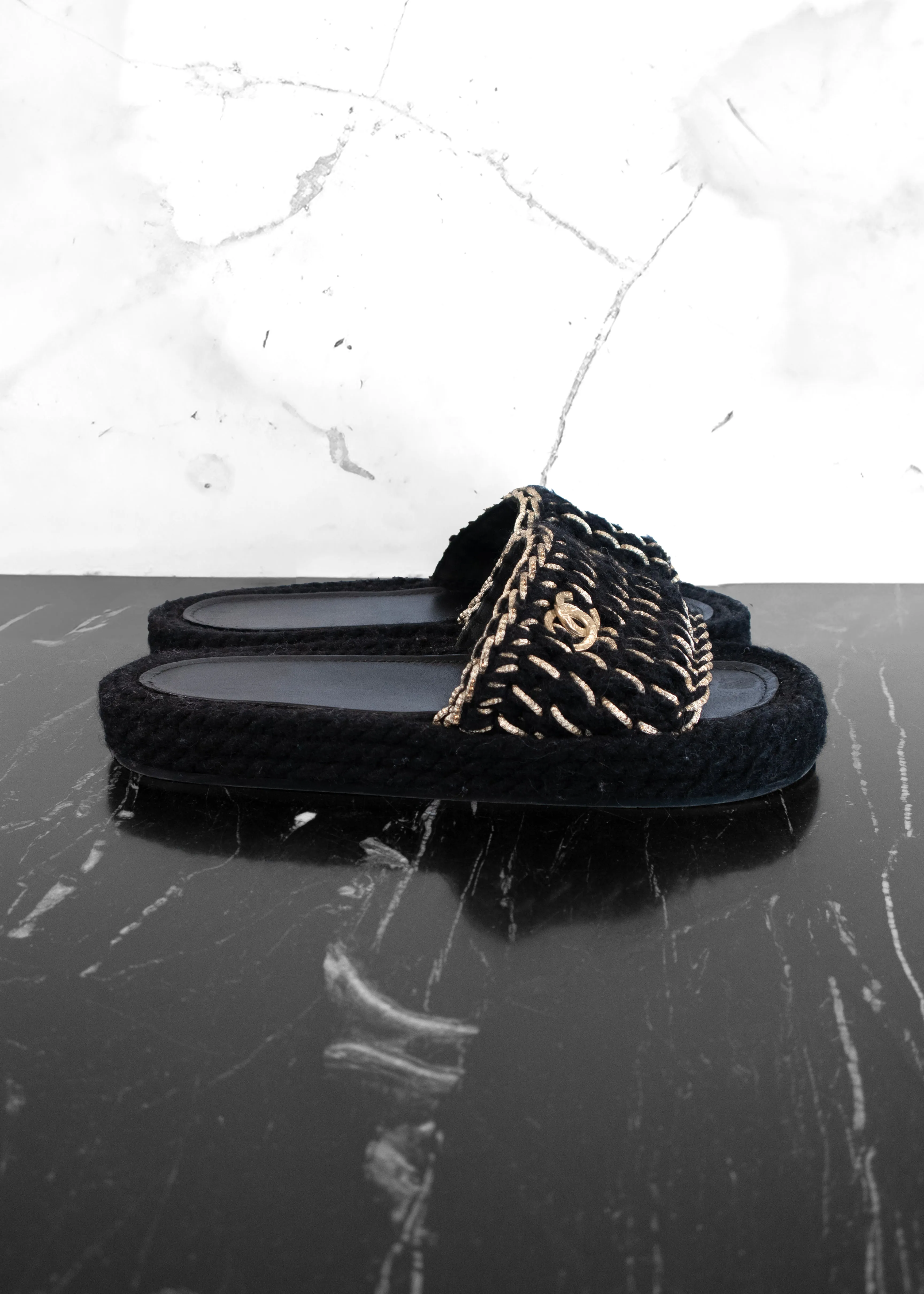 Chanel Braided Knit Black Gold CC Mules