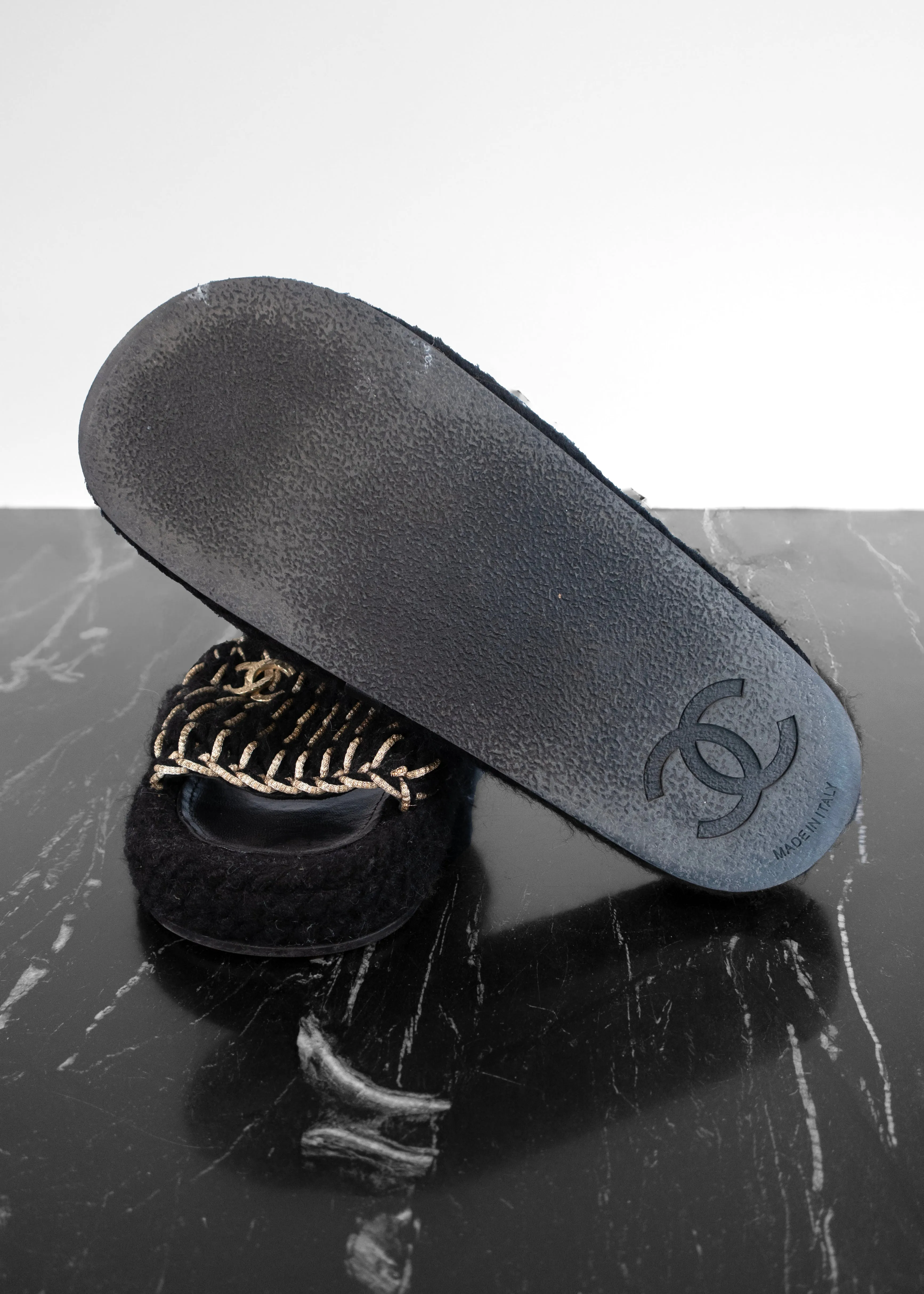 Chanel Braided Knit Black Gold CC Mules