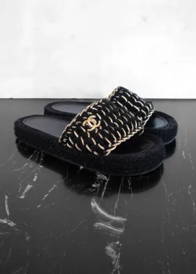 Chanel Braided Knit Black Gold CC Mules