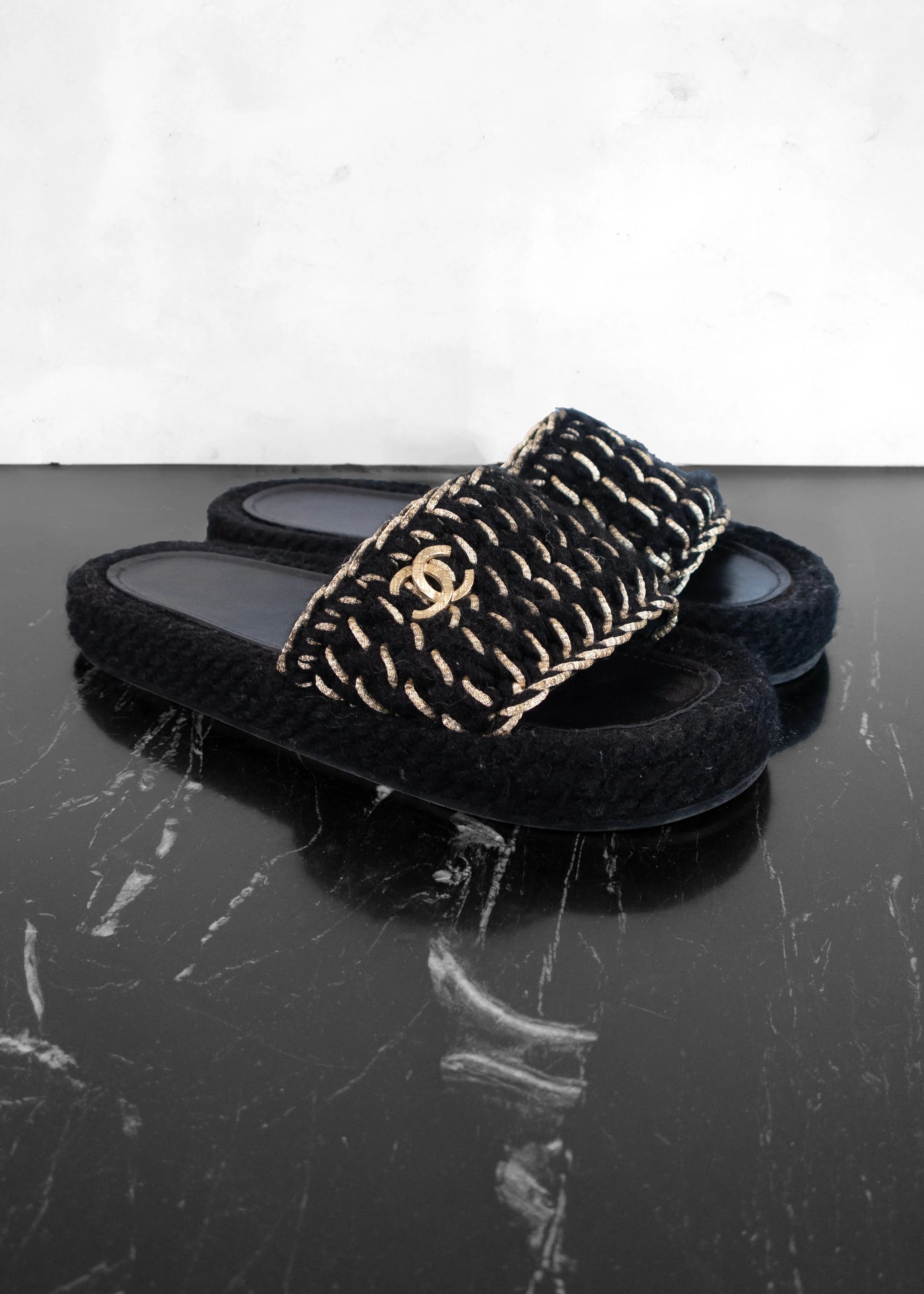 Chanel Braided Knit Black Gold CC Mules