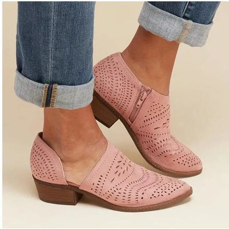 Chicvane Cutout Breathable Side Zipper Chunky Heel Sandals