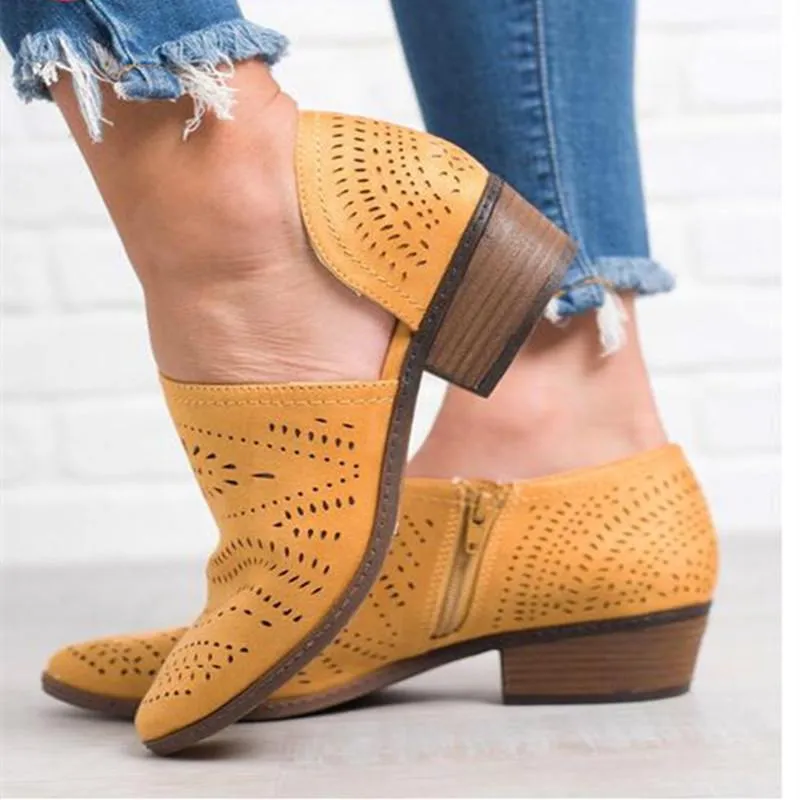Chicvane Cutout Breathable Side Zipper Chunky Heel Sandals