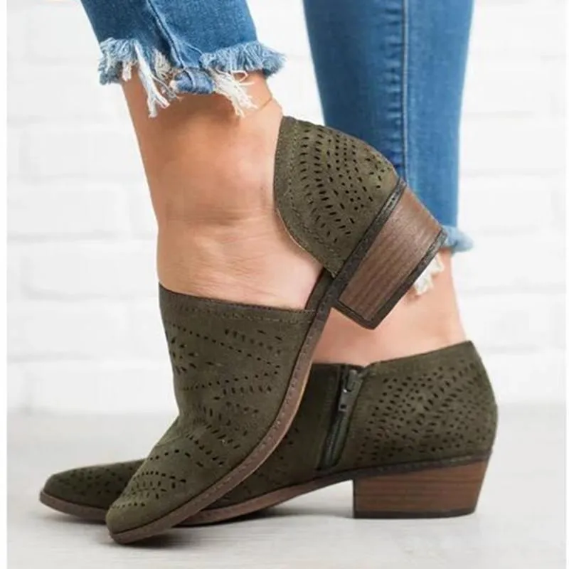 Chicvane Cutout Breathable Side Zipper Chunky Heel Sandals