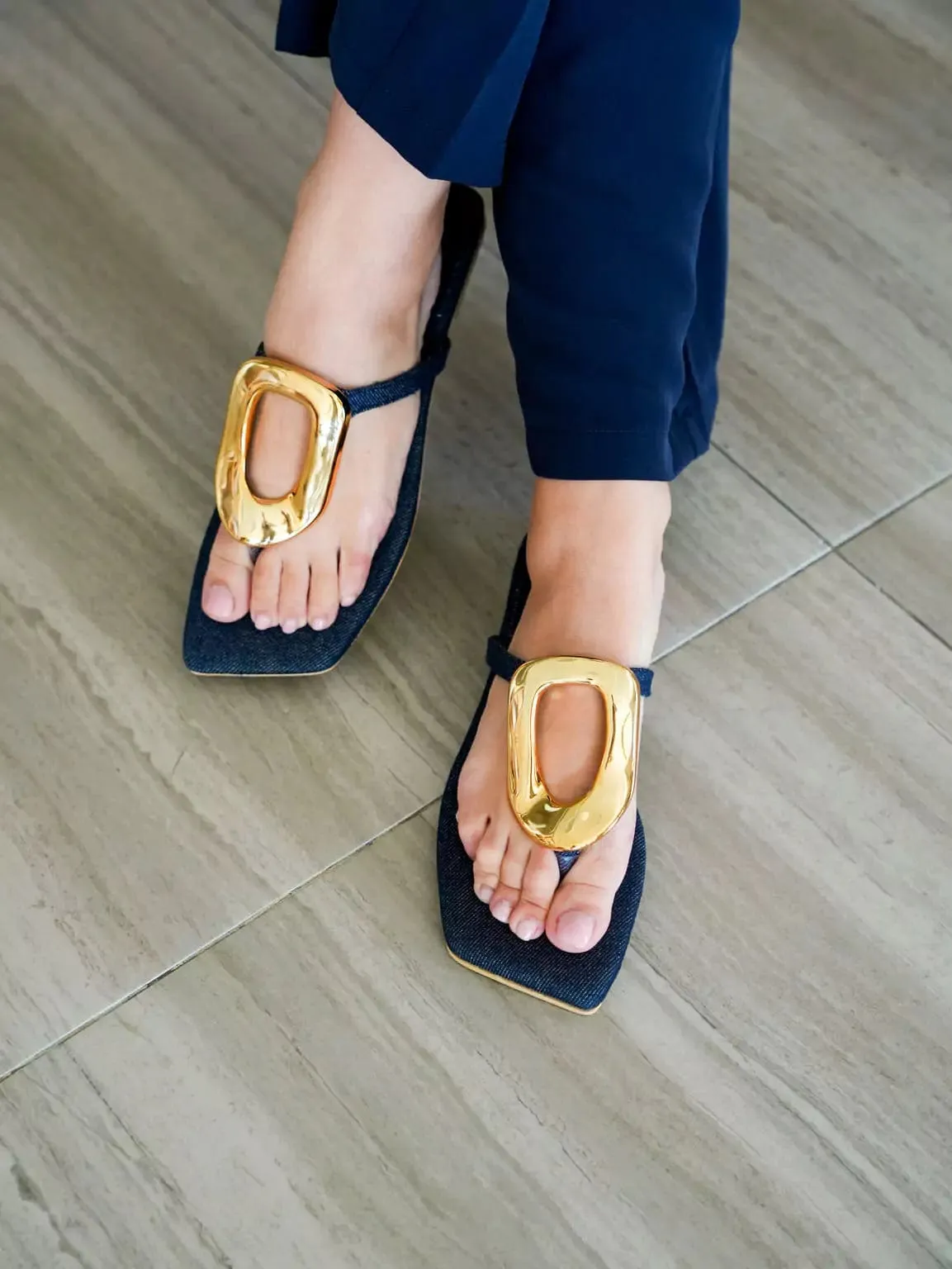 Denim Oval Buckle Flats
