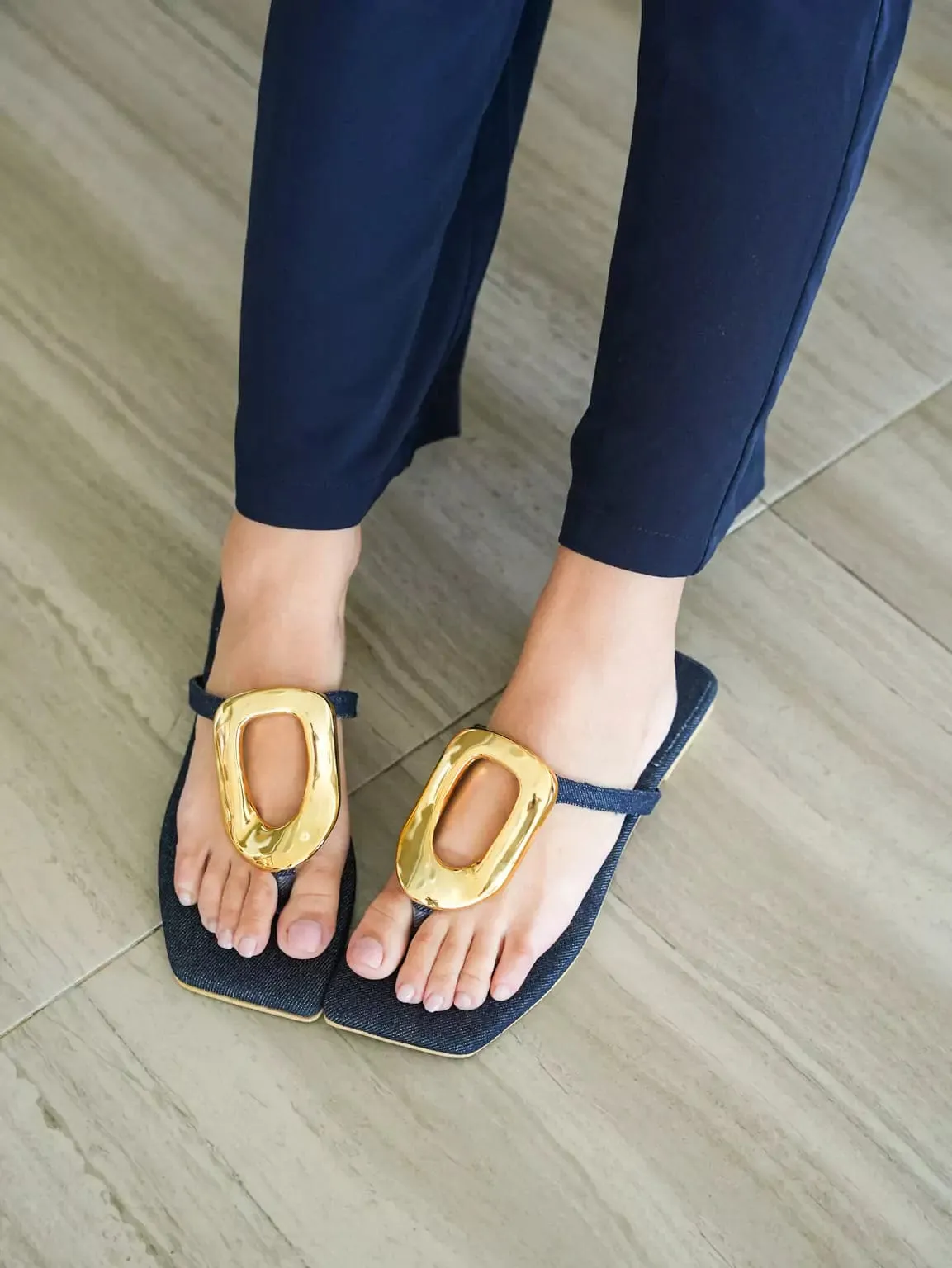 Denim Oval Buckle Flats