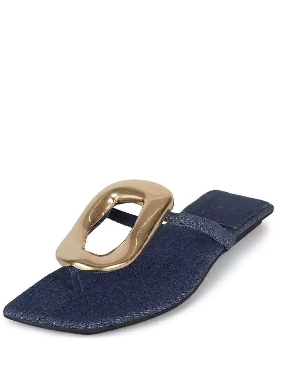 Denim Oval Buckle Flats