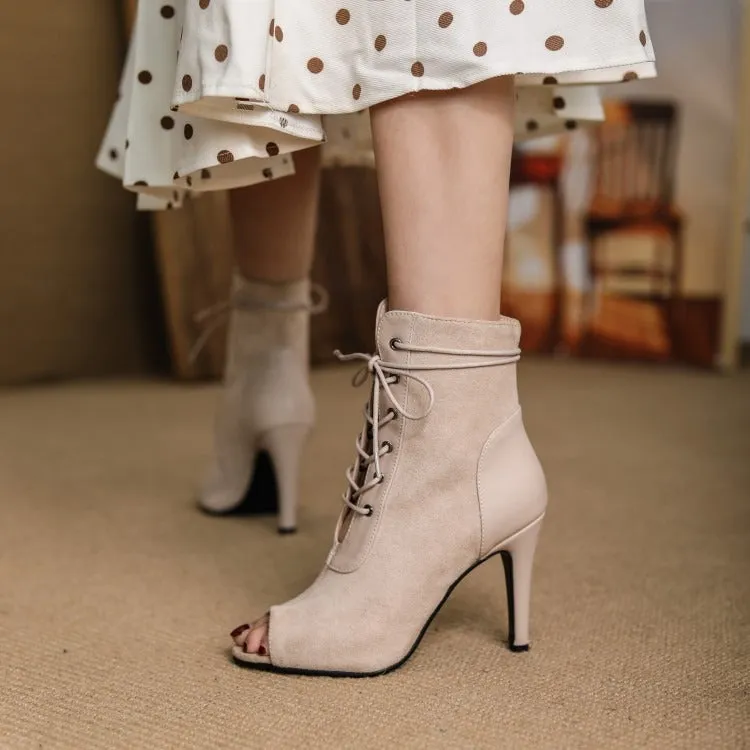 Elegant Black Suede Lace-Up Peep-Toe Booties - Chic Versatility for Any Occasion