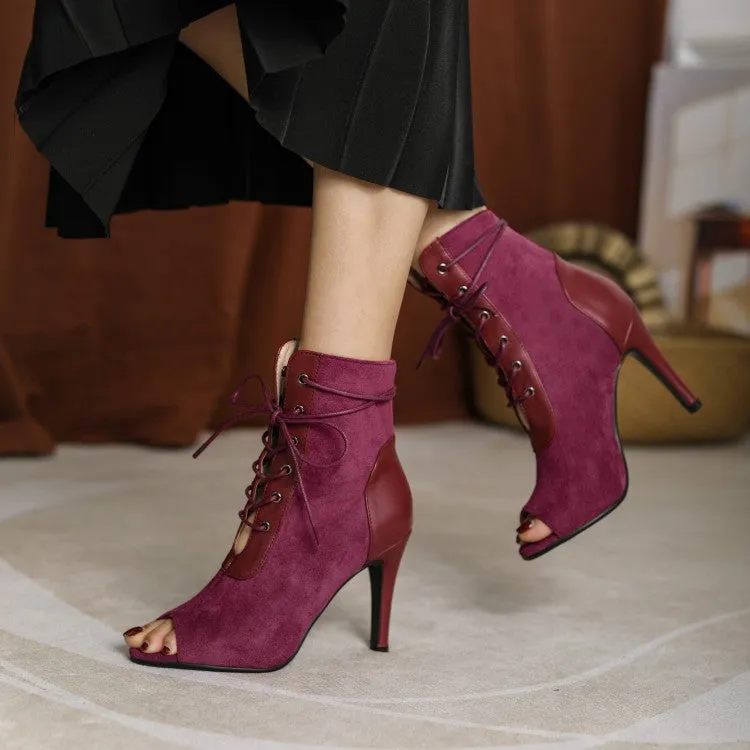 Elegant Black Suede Lace-Up Peep-Toe Booties - Chic Versatility for Any Occasion
