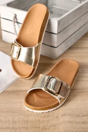 GOLD OVERSIZED BUCKLE SOFT FOOTBED SANDALS