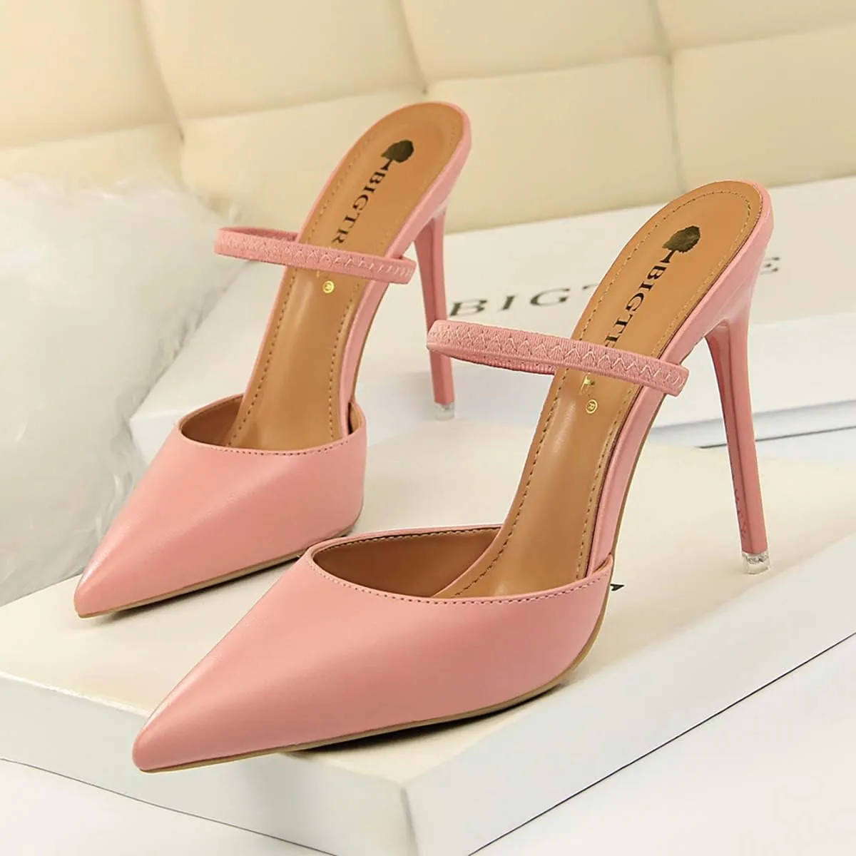 JOEupin Women Heeled Mules Strappy Pointed Toe Mules Stiletto High Heels Slip On Bridal Sandals