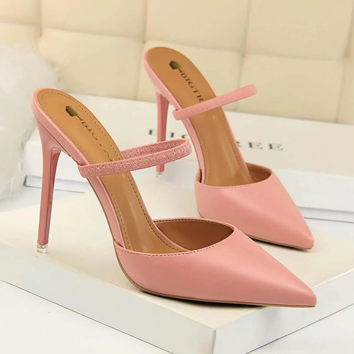 JOEupin Women Heeled Mules Strappy Pointed Toe Mules Stiletto High Heels Slip On Bridal Sandals