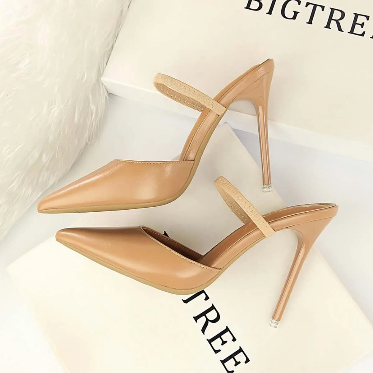 JOEupin Women Heeled Mules Strappy Pointed Toe Mules Stiletto High Heels Slip On Bridal Sandals