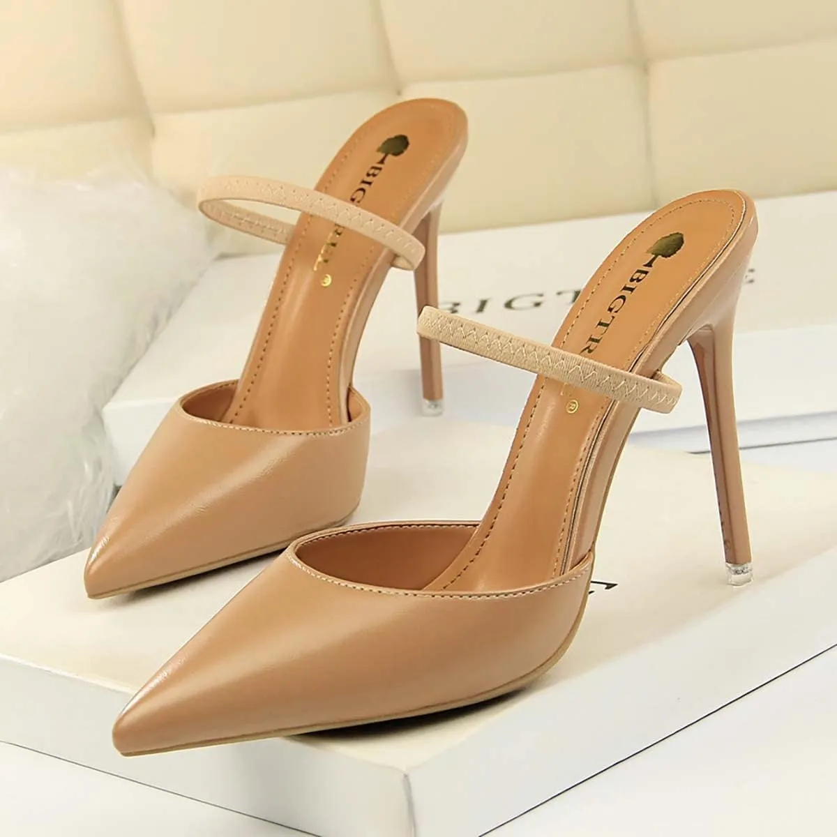 JOEupin Women Heeled Mules Strappy Pointed Toe Mules Stiletto High Heels Slip On Bridal Sandals