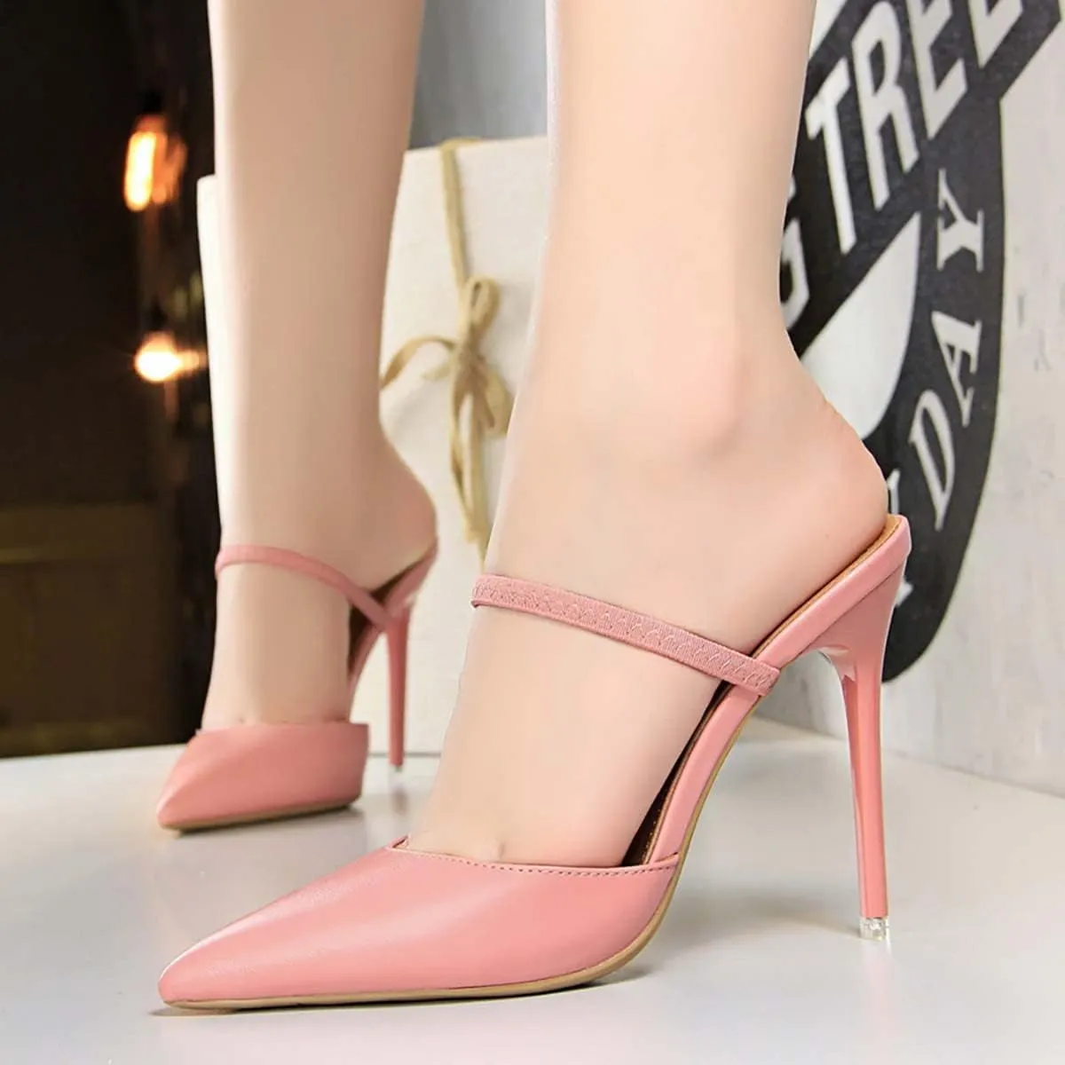 JOEupin Women Heeled Mules Strappy Pointed Toe Mules Stiletto High Heels Slip On Bridal Sandals