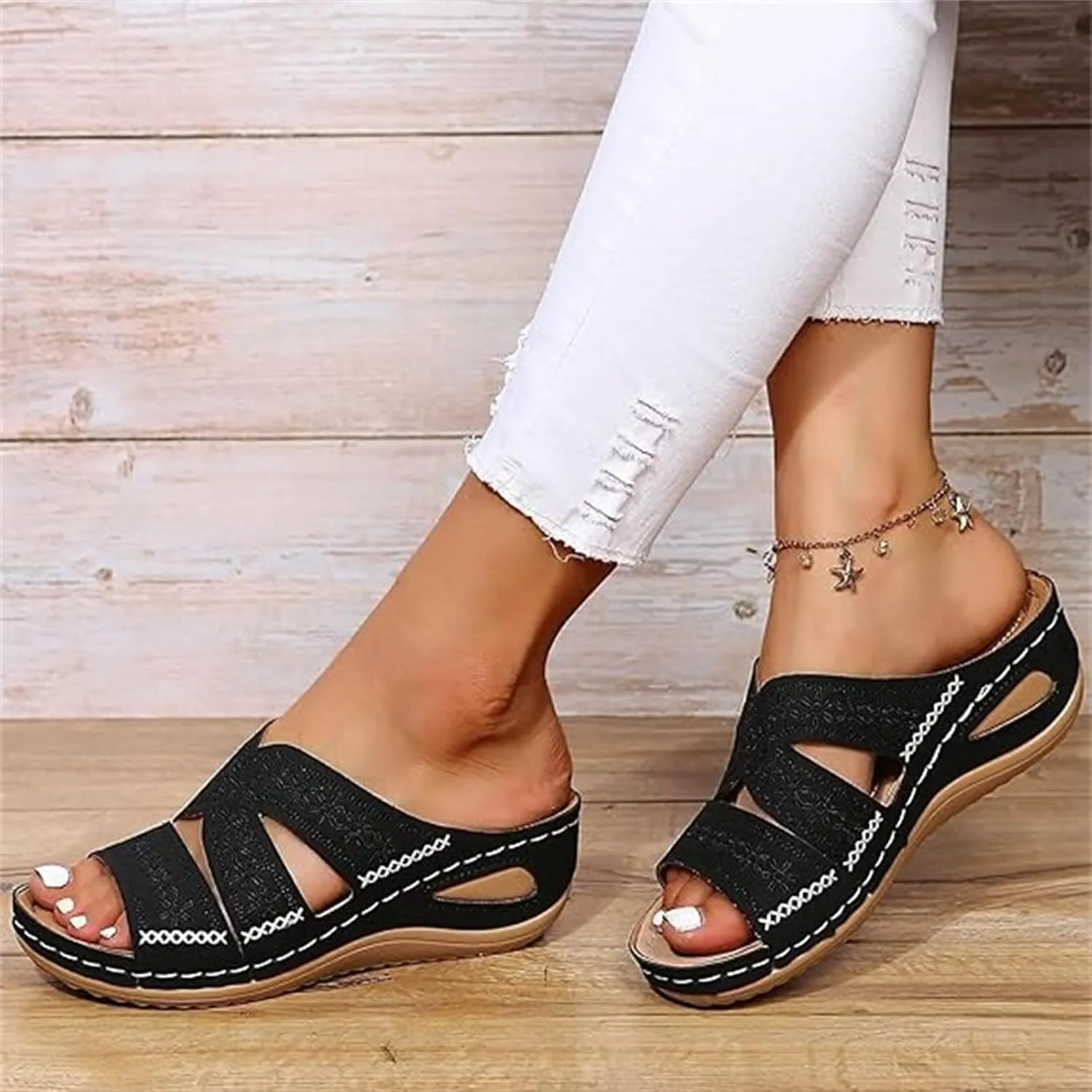 Lausiuoe Sandals Women Dressy Comfortable Orthotic Slides Arch Support Slip on Soft Fashion Orthopedic Slippers Flip Flops