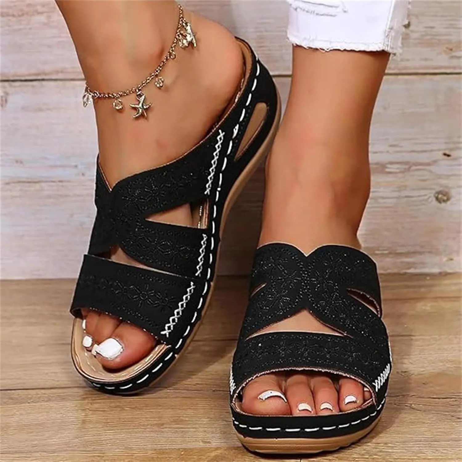 Lausiuoe Sandals Women Dressy Comfortable Orthotic Slides Arch Support Slip on Soft Fashion Orthopedic Slippers Flip Flops