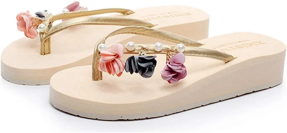 MIOKE Women's Flower Wedge High Heel Flipflops Summer Platform Comfort Anti-slip EVA Beach Thong Sandals