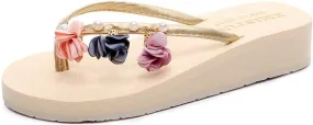 MIOKE Women's Flower Wedge High Heel Flipflops Summer Platform Comfort Anti-slip EVA Beach Thong Sandals