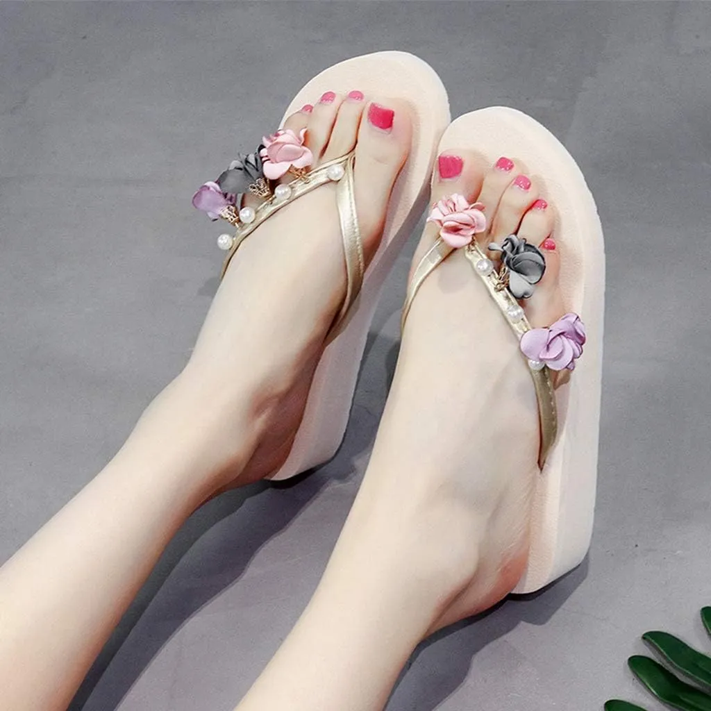 MIOKE Women's Flower Wedge High Heel Flipflops Summer Platform Comfort Anti-slip EVA Beach Thong Sandals