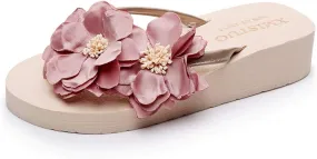 MIOKE Women's Flowers Low Wedge Flip Flops Summer Platform Comfort Anti-Slip Floral Beach Thong Sandals