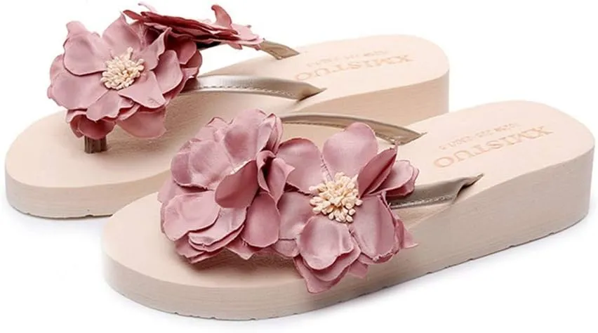 MIOKE Women's Flowers Low Wedge Flip Flops Summer Platform Comfort Anti-Slip Floral Beach Thong Sandals