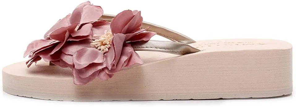 MIOKE Women's Flowers Low Wedge Flip Flops Summer Platform Comfort Anti-Slip Floral Beach Thong Sandals
