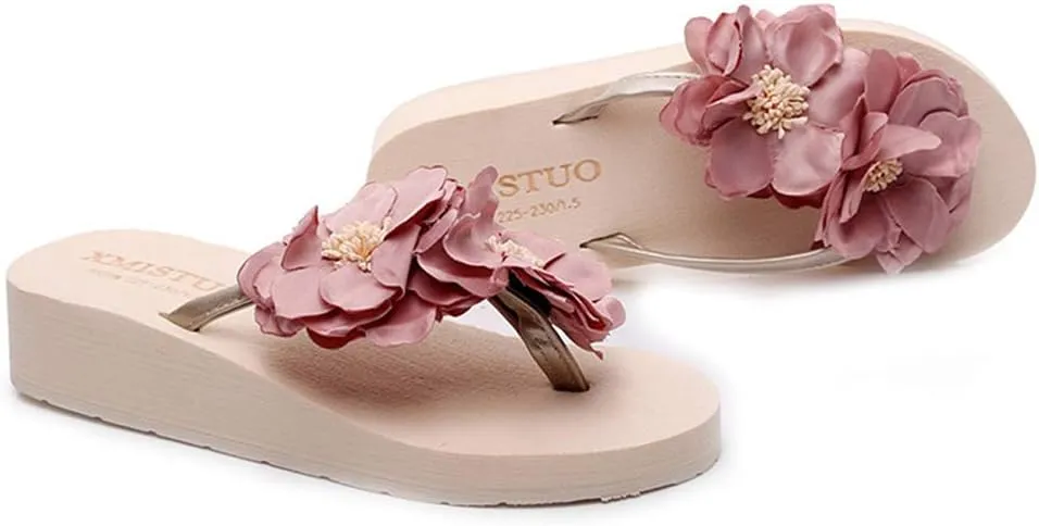 MIOKE Women's Flowers Low Wedge Flip Flops Summer Platform Comfort Anti-Slip Floral Beach Thong Sandals