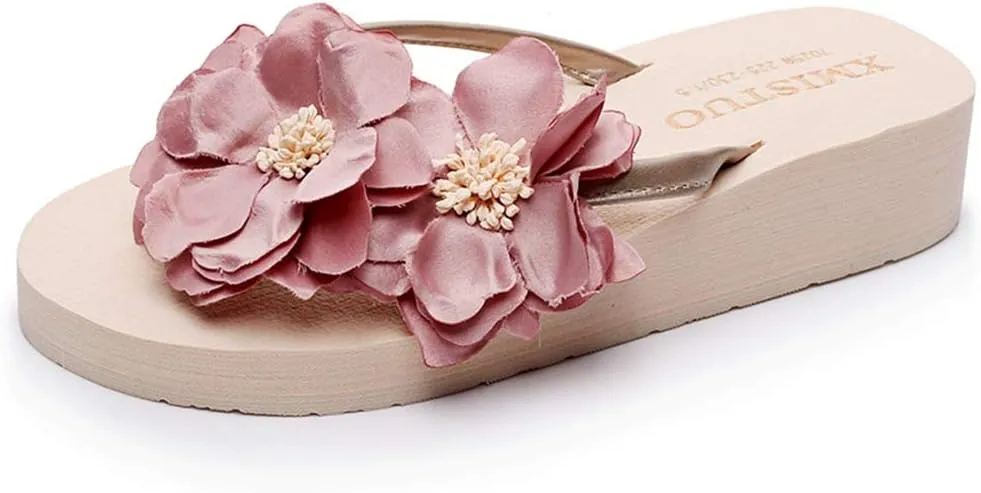 MIOKE Women's Flowers Low Wedge Flip Flops Summer Platform Comfort Anti-Slip Floral Beach Thong Sandals