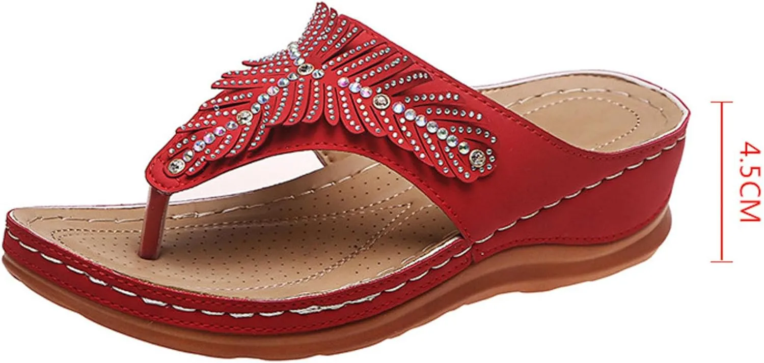 peqiut Sandals for Women Rhinestones Beach Flip Flops Slippers Summer Breathable Wedge Wide Width Ladies Sandals Women
