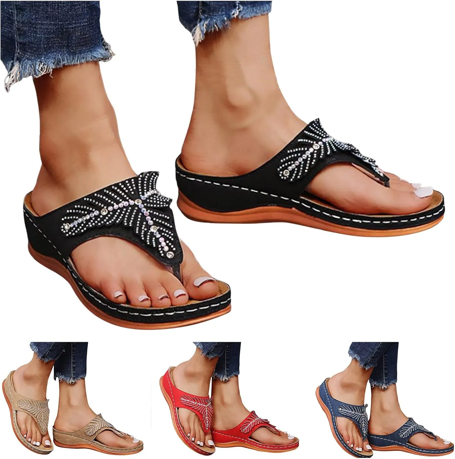 peqiut Sandals for Women Rhinestones Beach Flip Flops Slippers Summer Breathable Wedge Wide Width Ladies Sandals Women