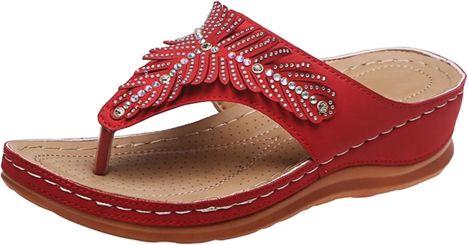 peqiut Sandals for Women Rhinestones Beach Flip Flops Slippers Summer Breathable Wedge Wide Width Ladies Sandals Women