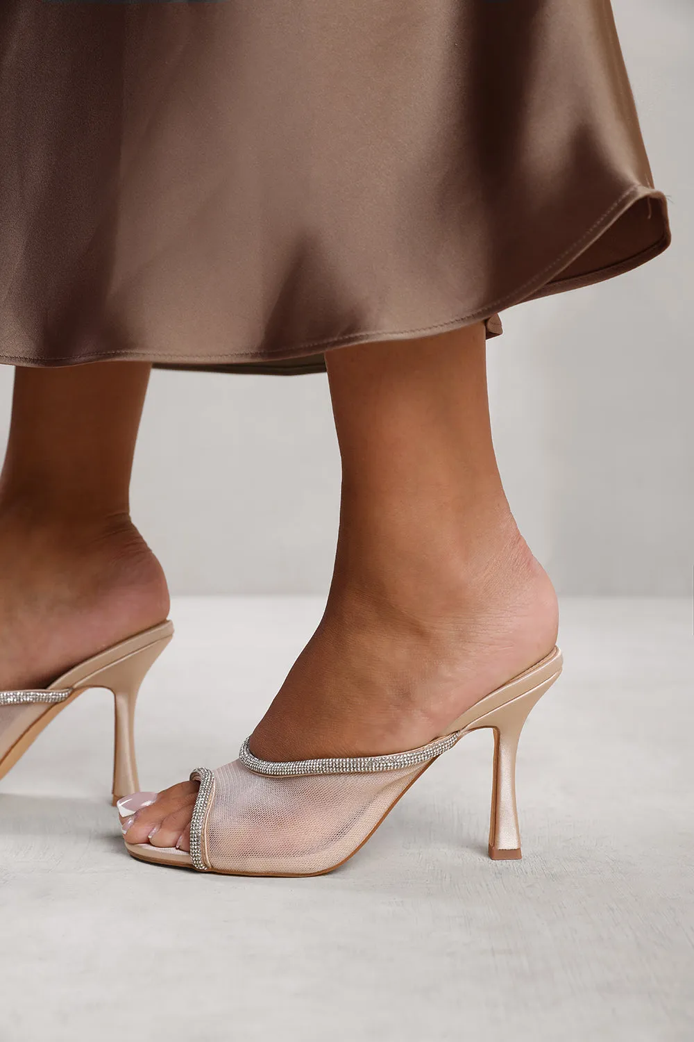 PORTUGAL OPEN TOE MULES WITH CRYSTAL TRIM IN CREAM SATIN