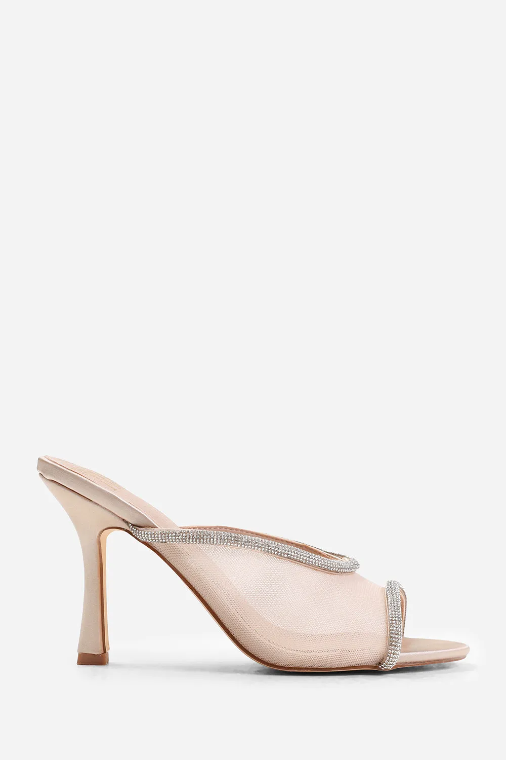 PORTUGAL OPEN TOE MULES WITH CRYSTAL TRIM IN CREAM SATIN