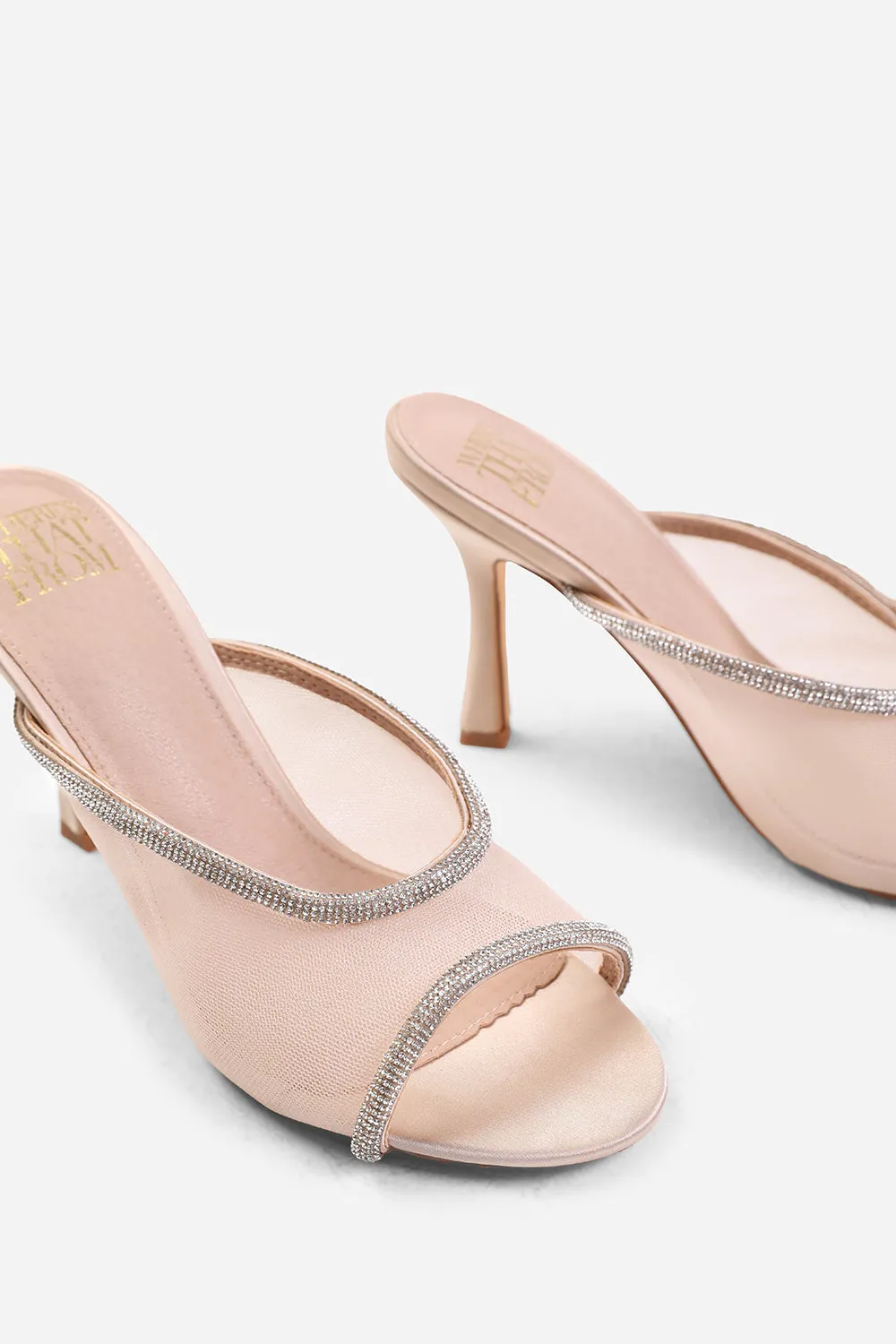 PORTUGAL OPEN TOE MULES WITH CRYSTAL TRIM IN CREAM SATIN