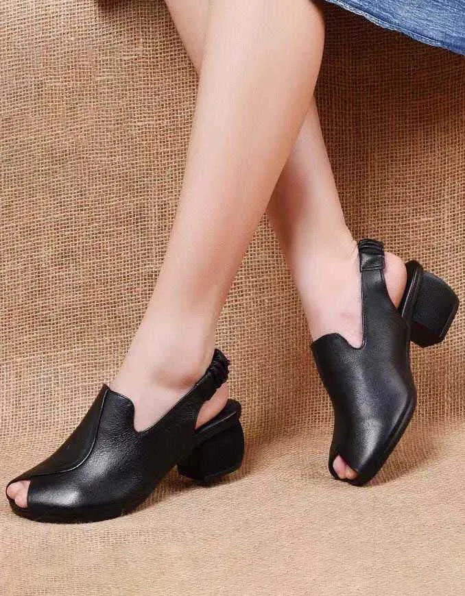 Retro Leather Slingback Fish Toe Chunky Heel Sandals