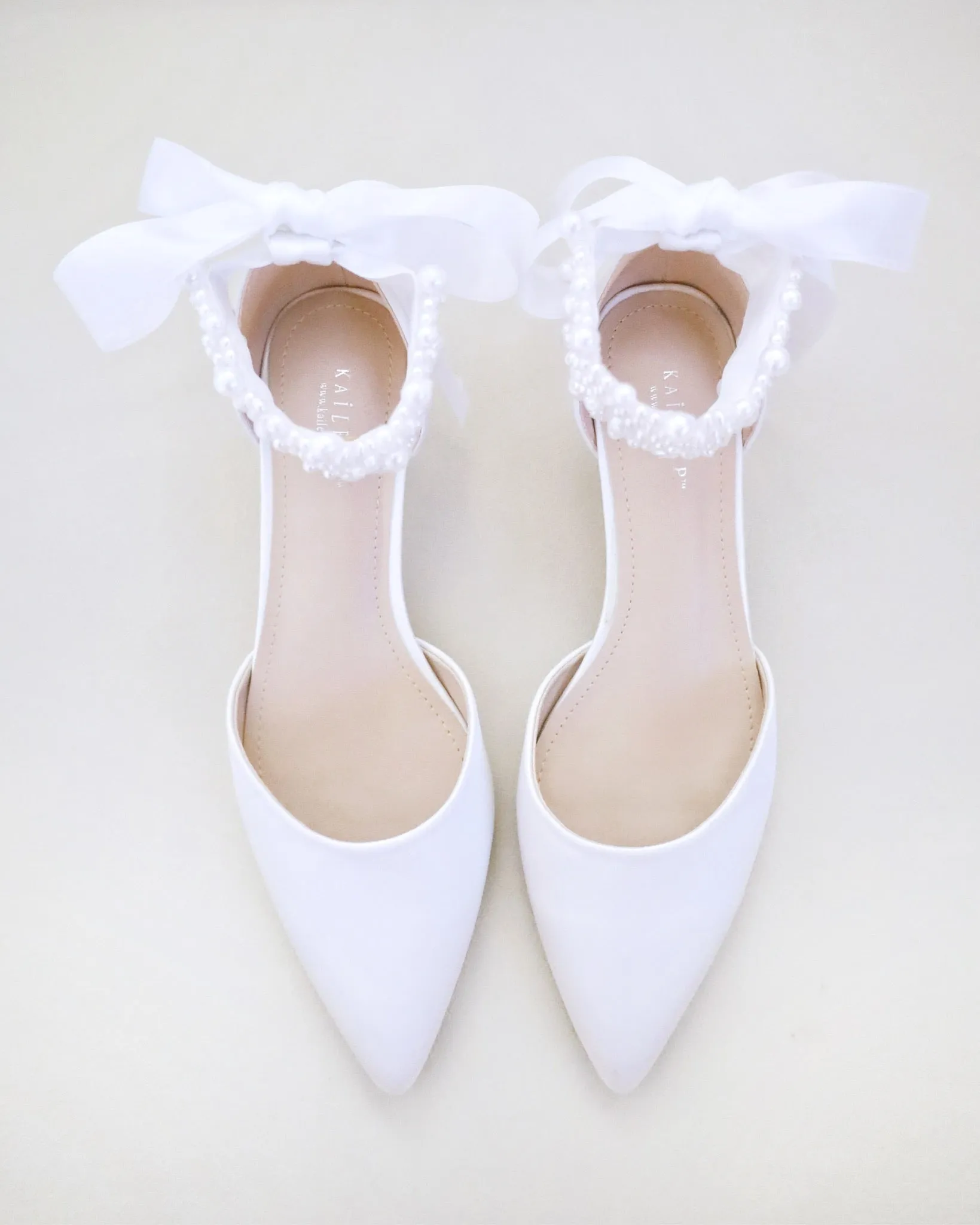 Satin Pointy Toe Low Heels with Perla Ankle Strap