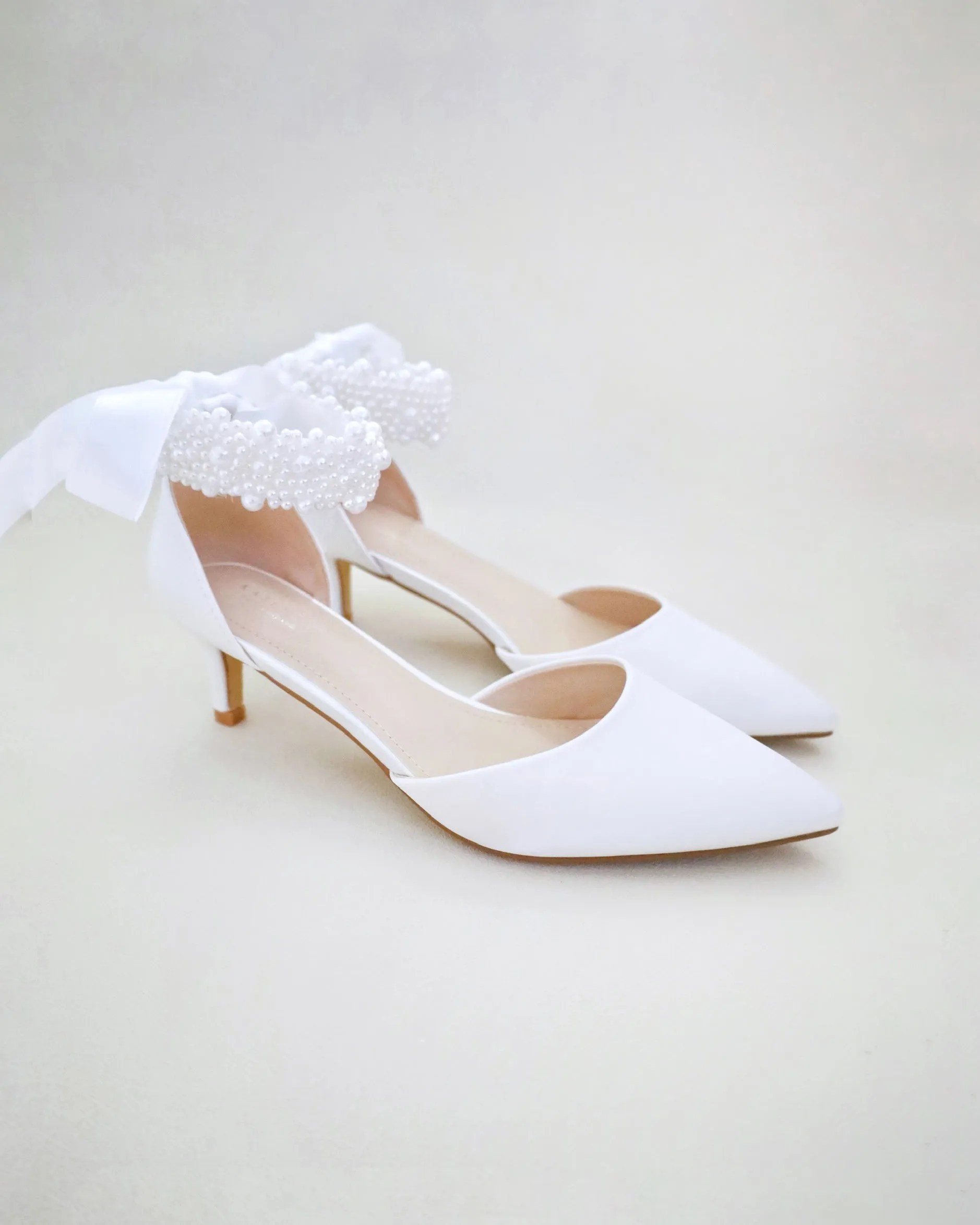 Satin Pointy Toe Low Heels with Perla Ankle Strap
