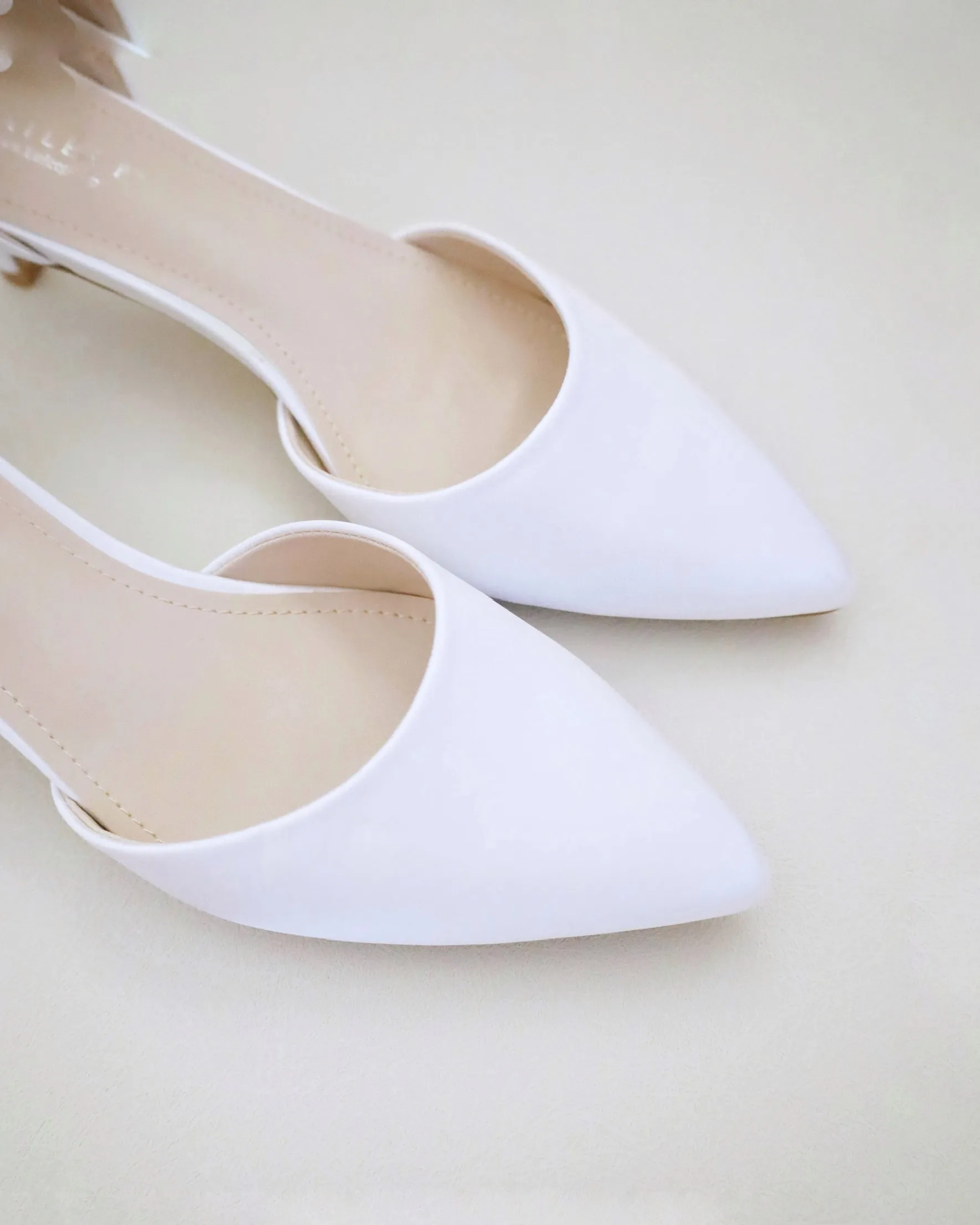 Satin Pointy Toe Low Heels with Perla Ankle Strap