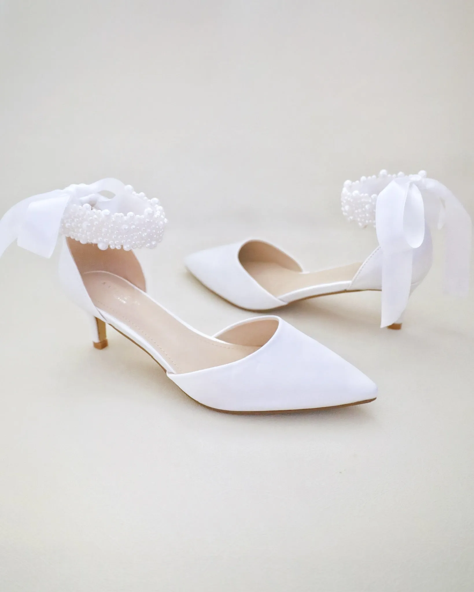 Satin Pointy Toe Low Heels with Perla Ankle Strap