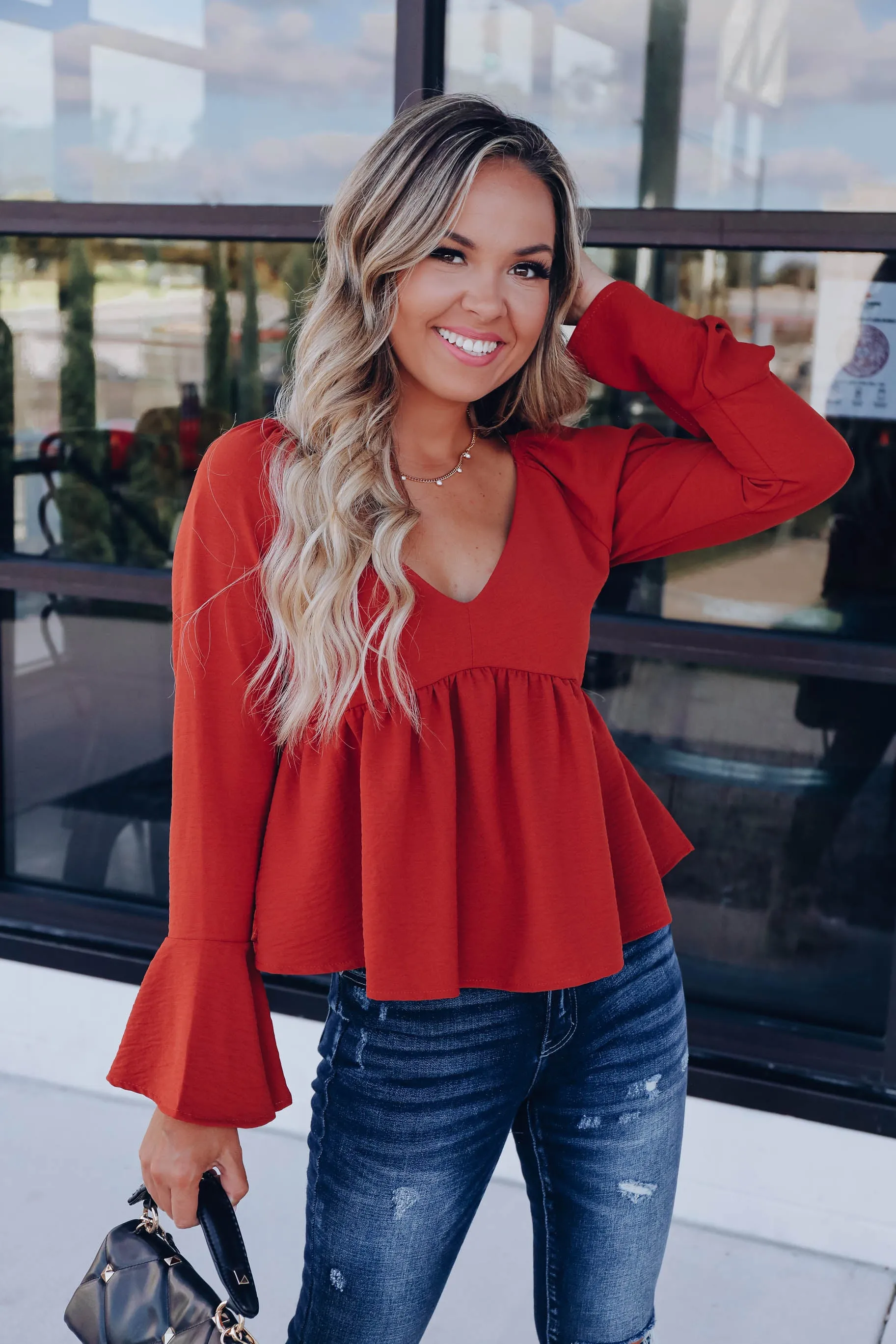 September Glow Babydoll Top - Brick