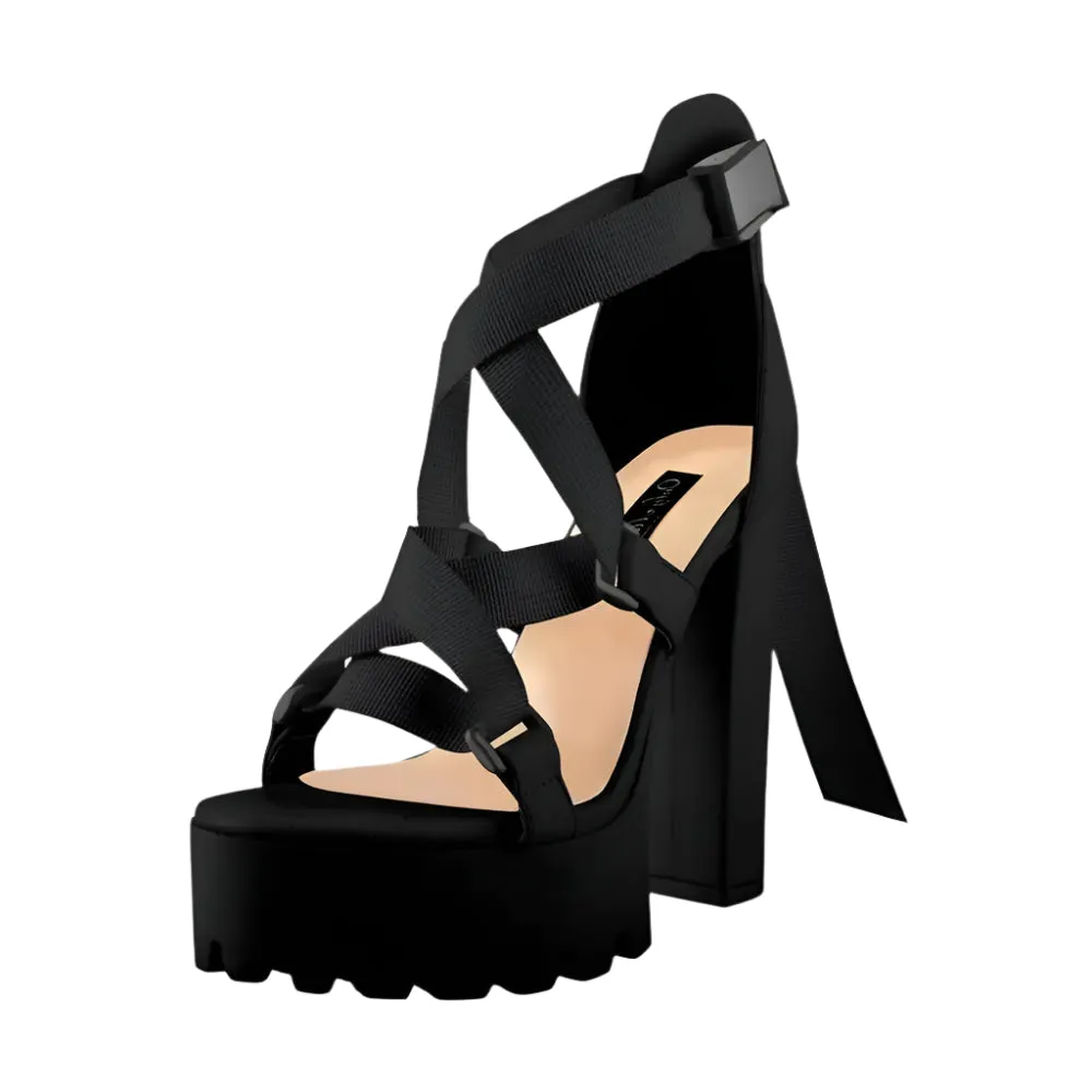 Square Open Toe Platform Chunky High Heels Ankle Strap Sandals