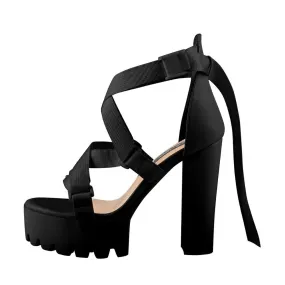 Square Open Toe Platform Chunky High Heels Ankle Strap Sandals