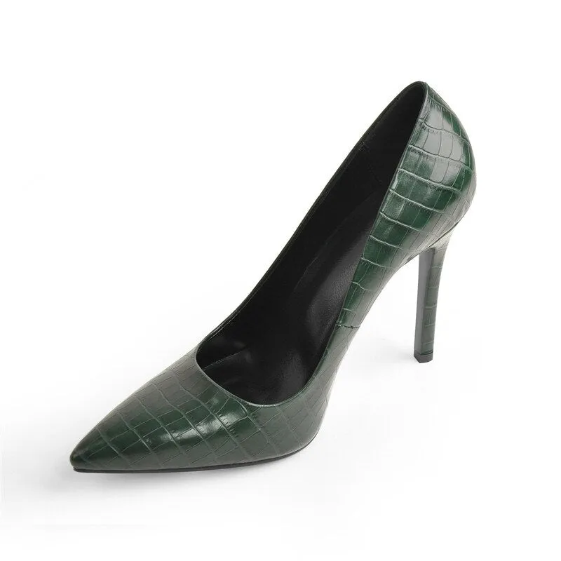 Stone Patent Leather Pointed Toe Slip On Thin Heel Shoes