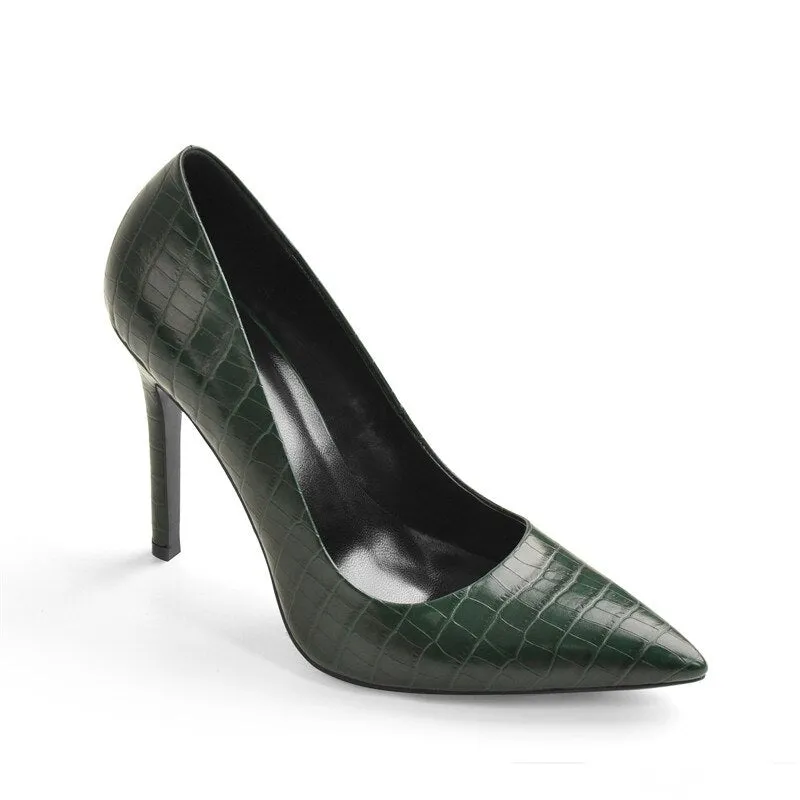 Stone Patent Leather Pointed Toe Slip On Thin Heel Shoes