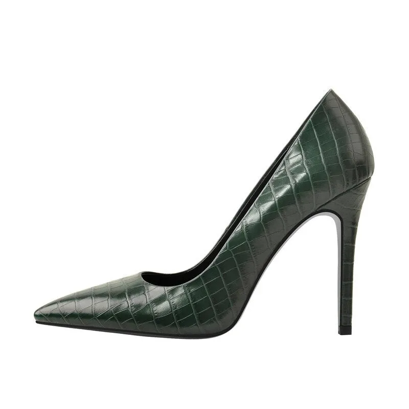 Stone Patent Leather Pointed Toe Slip On Thin Heel Shoes